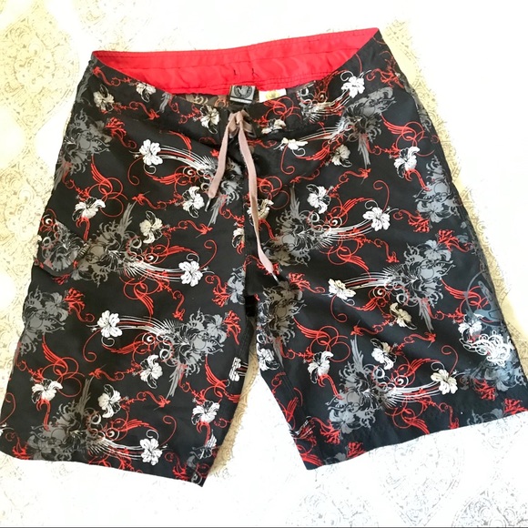 black and red swim trunks